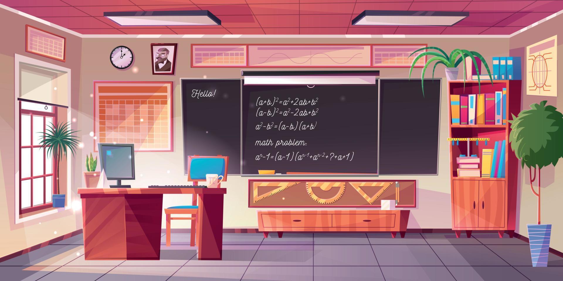 Mathematics classroom empty interior, school class vector