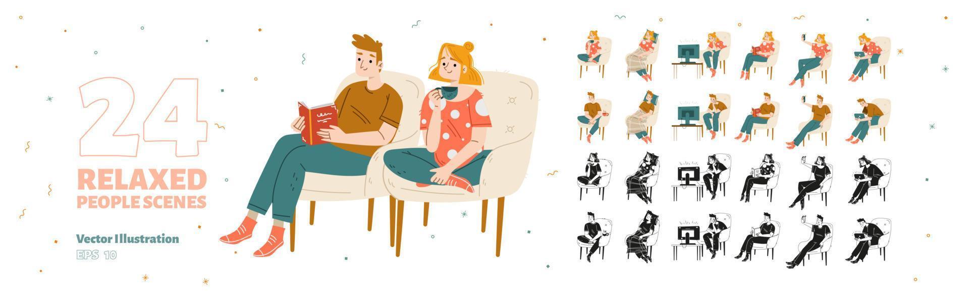 Relaxed people rest at home set vector