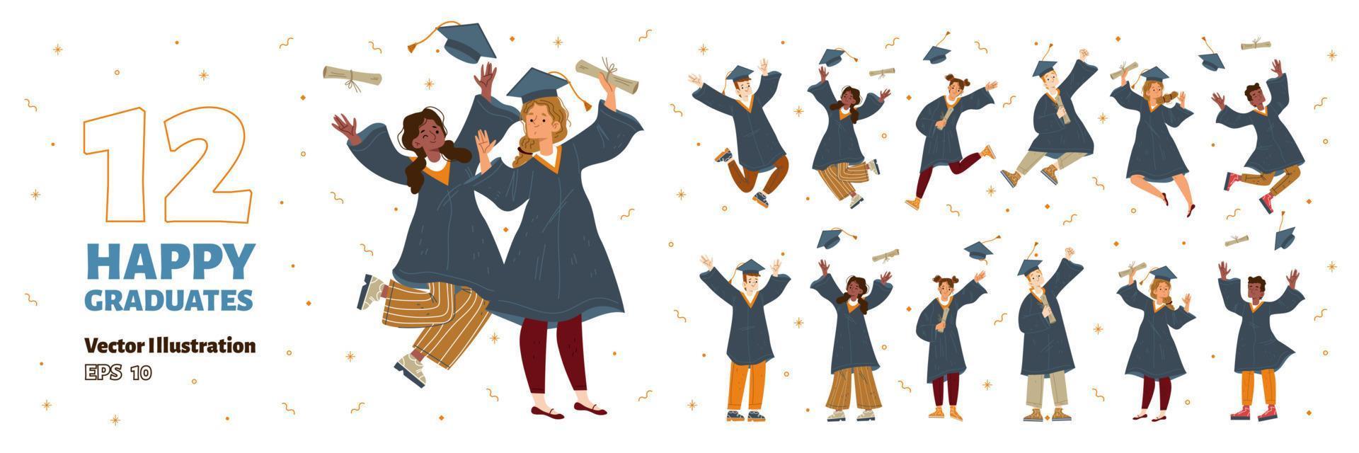 Set of 12 happy graduates isolated on white vector