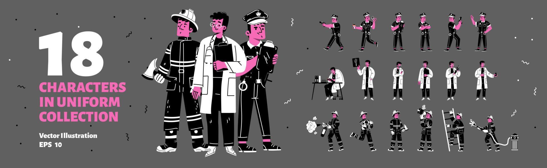 conjunto de personajes bombero, policía y médico vector