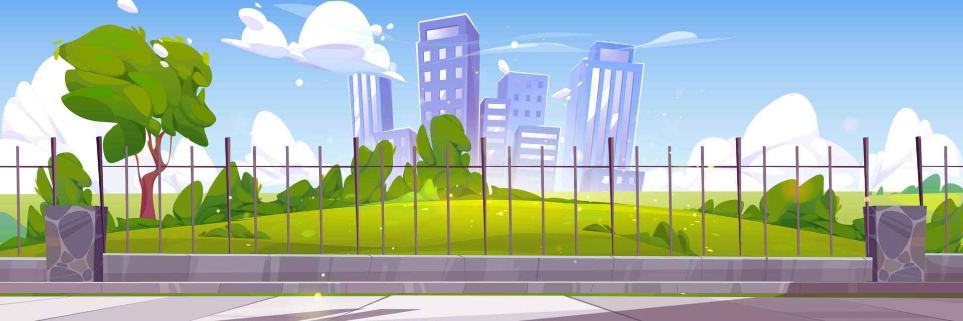 City park and buildings behind metal fence vector