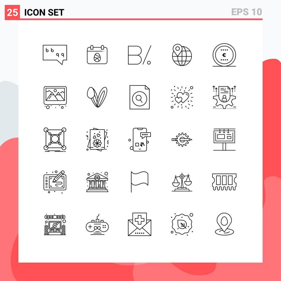 25 User Interface Line Pack of modern Signs and Symbols of office coin currency business location Editable Vector Design Elements