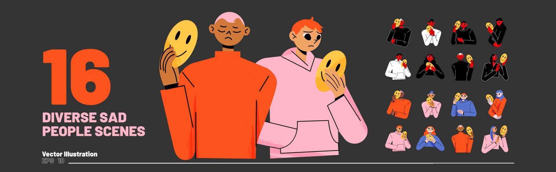 Set of diverse sad people cover faces with masks vector