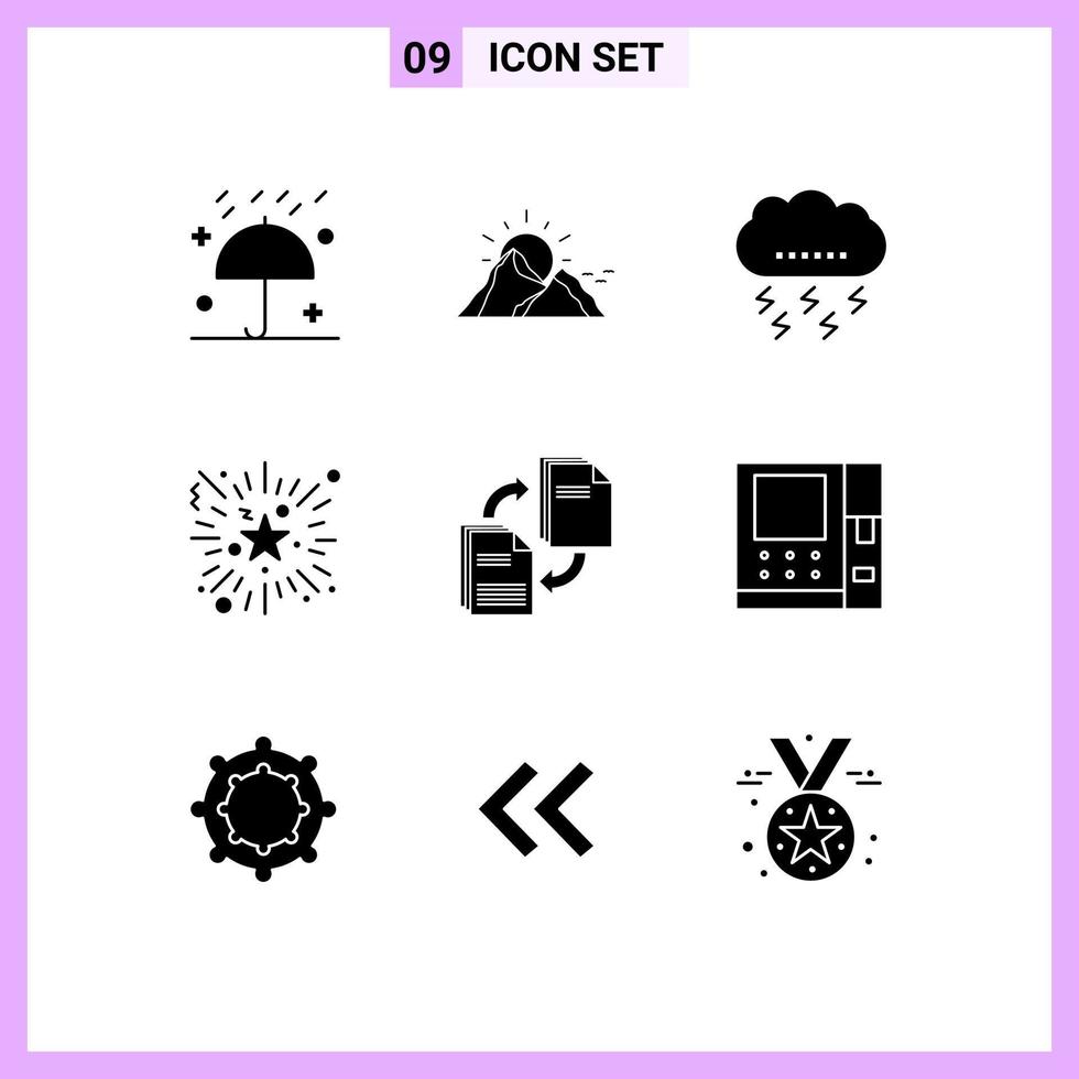 Mobile Interface Solid Glyph Set of 9 Pictograms of fireworks event mountain thunder lightning Editable Vector Design Elements