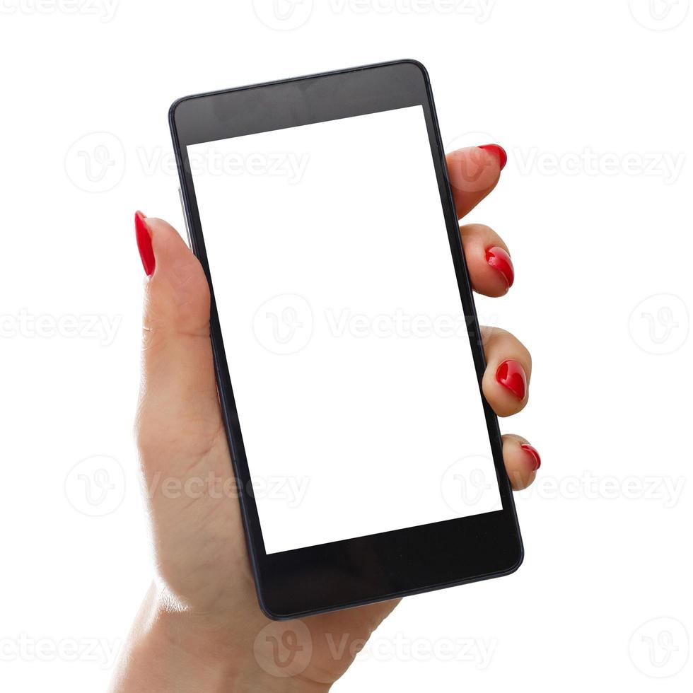 isolated woman hand holding the phone with isolated screen photo