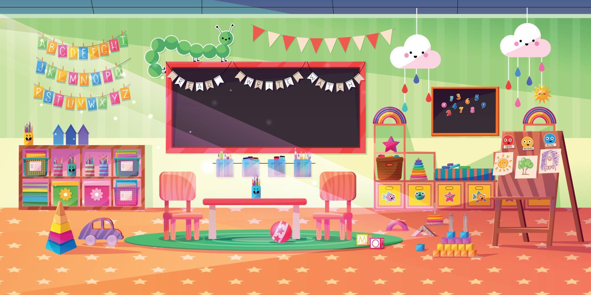 Montessori kindergarten playroom with toys vector