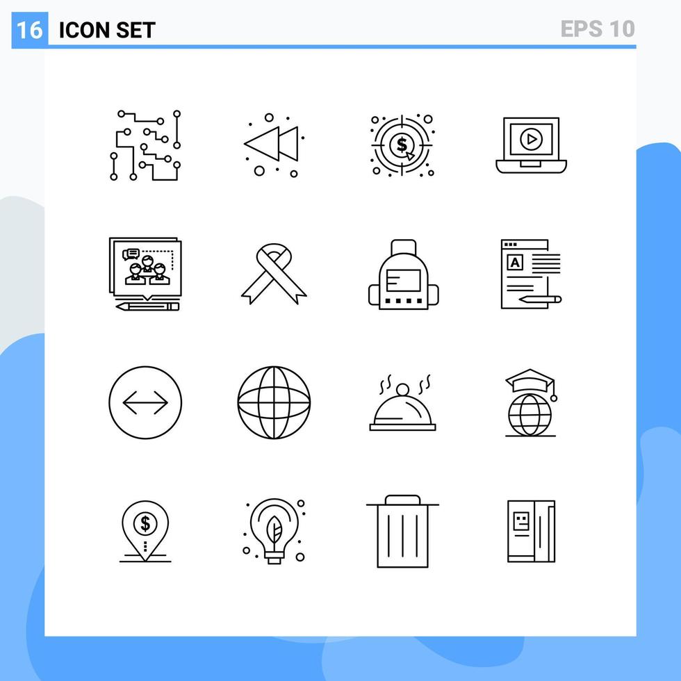 Pictogram Set of 16 Simple Outlines of argument video analysis computer money Editable Vector Design Elements