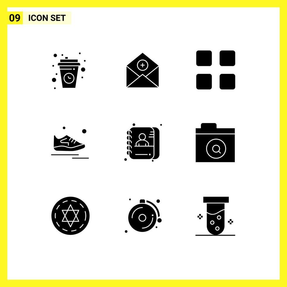 Pack of 9 Modern Solid Glyphs Signs and Symbols for Web Print Media such as exercise shoes communication math calculator Editable Vector Design Elements