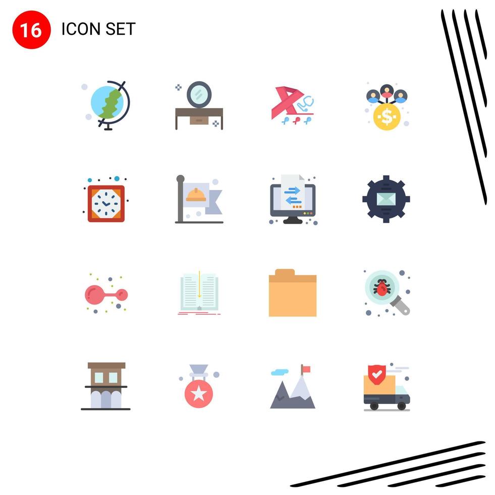 Pack of 16 Modern Flat Colors Signs and Symbols for Web Print Media such as wall clock clock stethoscope network business Editable Pack of Creative Vector Design Elements