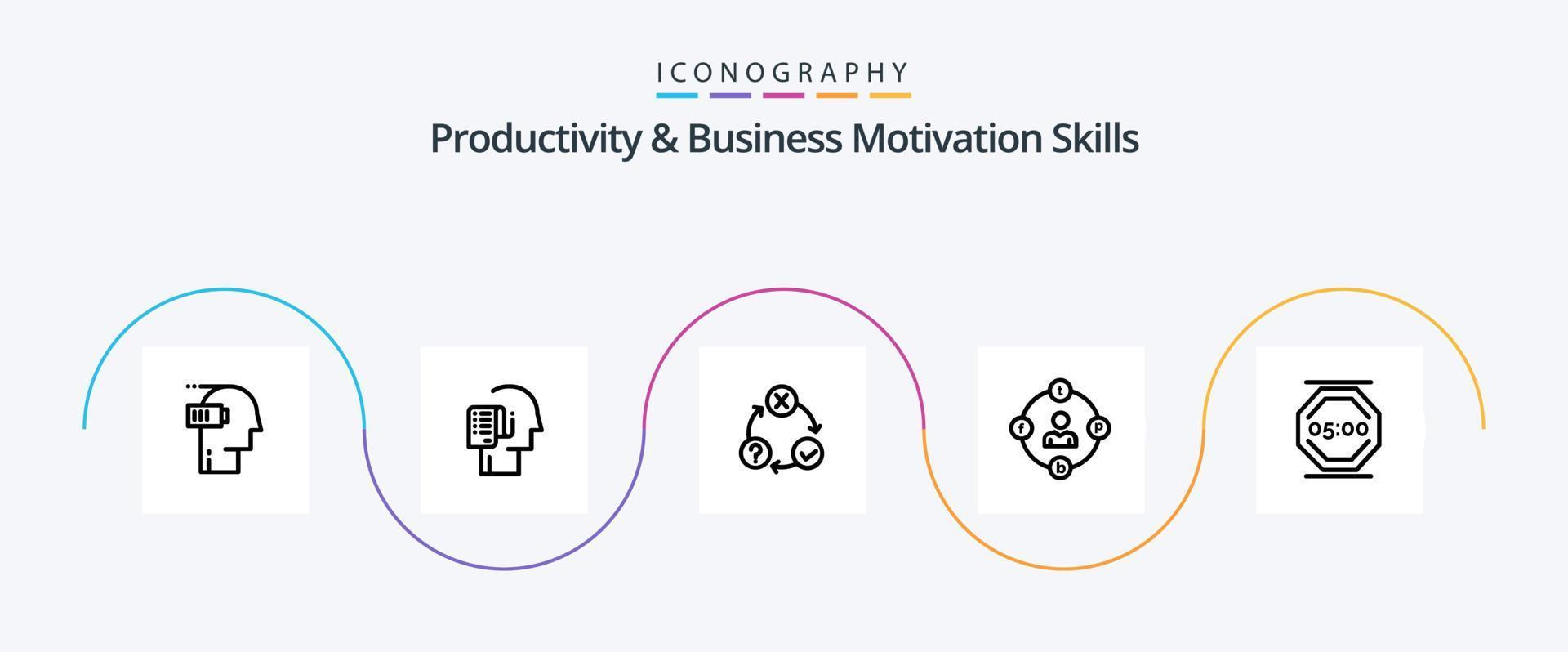 Productivity And Business Motivation Skills Line 5 Icon Pack Including distractions. social media. schedule. realization. issues vector