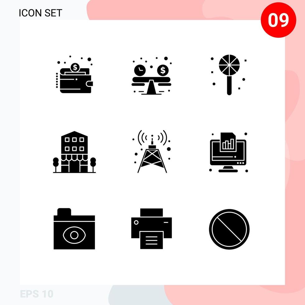 Modern Set of 9 Solid Glyphs Pictograph of tower antenna halloween shops retail Editable Vector Design Elements