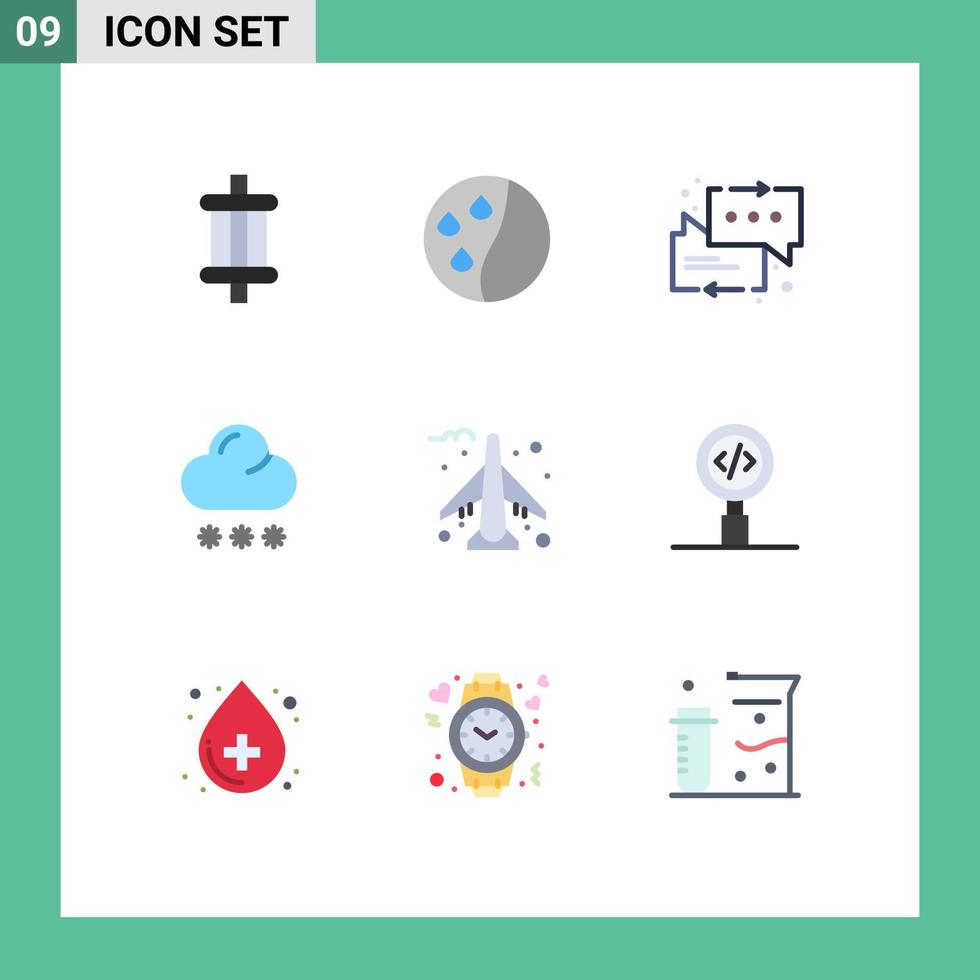 Pack of 9 Modern Flat Colors Signs and Symbols for Web Print Media such as plane airplane messages weather forecast Editable Vector Design Elements