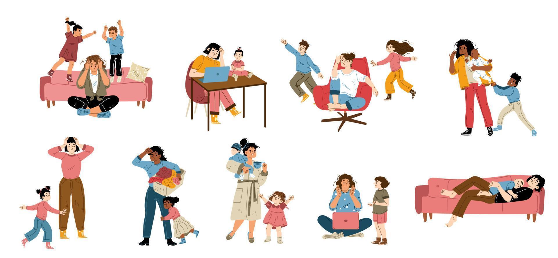Flat set of tired mothers with children vector