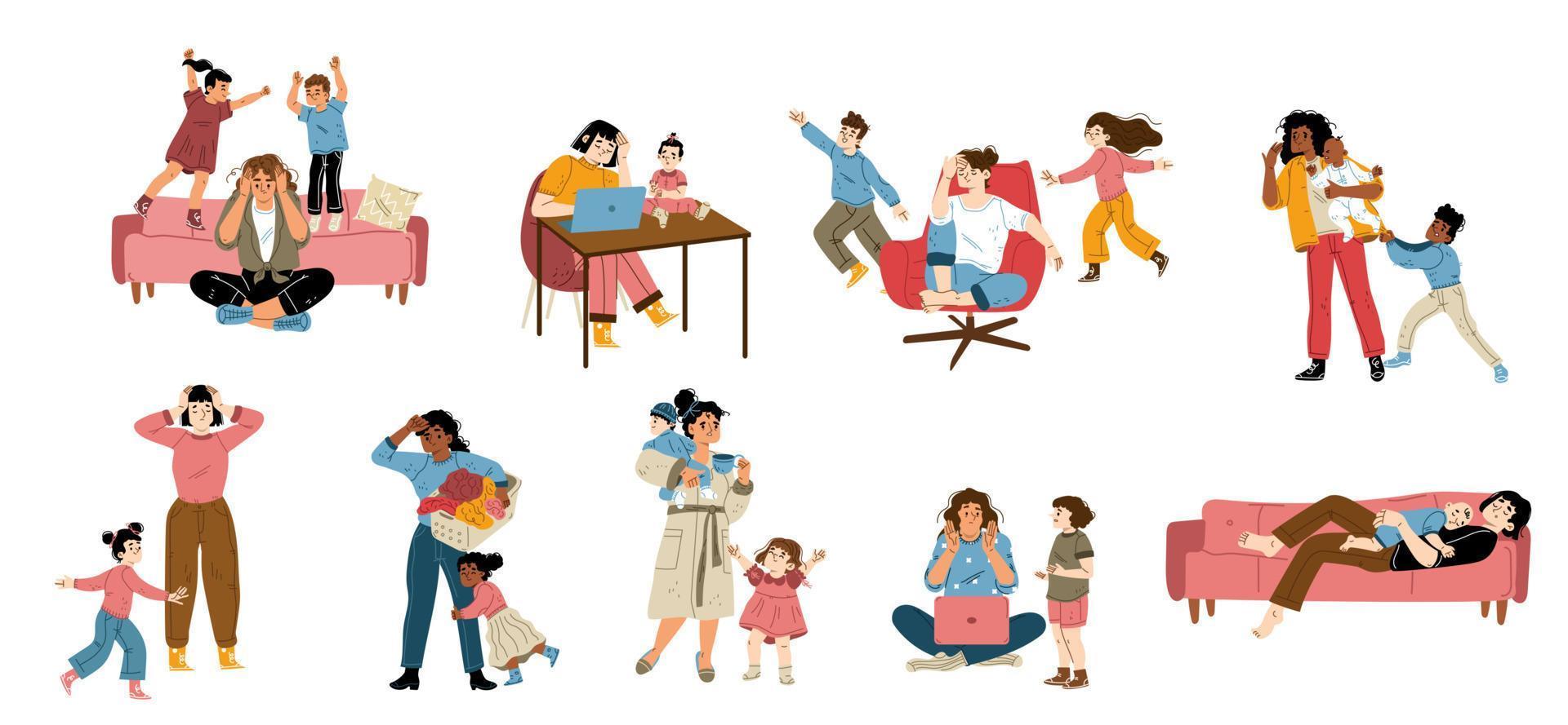 conjunto plano de madres cansadas con hijos vector