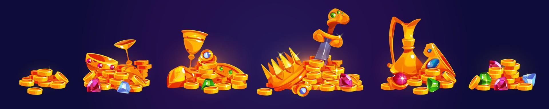 Pirate treasure icons with gold coins and gems vector