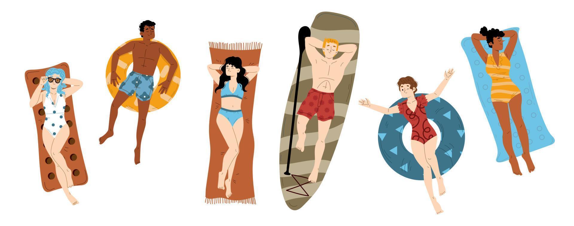 People sunbathe on beach top view, float on rings vector