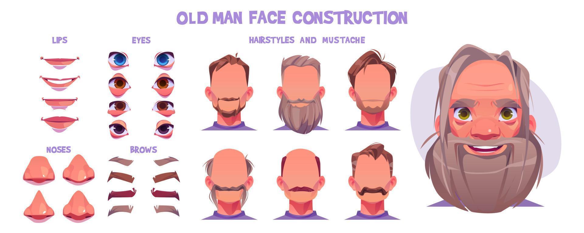 Old man face animation constructor, character kit vector