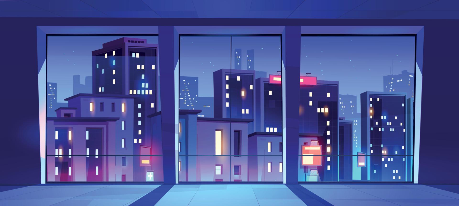 habitación vacía, interior de oficina nocturna con vista a la ciudad vector