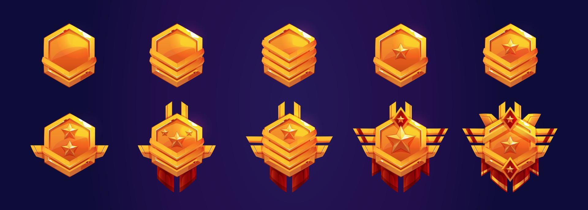 Golden game military badges, army rank insignia vector