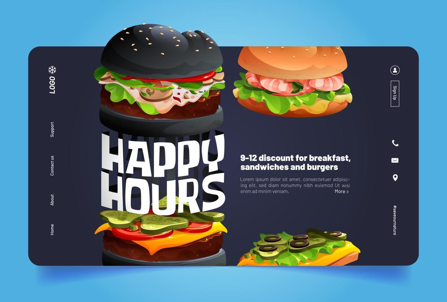 página de inicio de dibujos animados de happy hours con hamburguesas vector