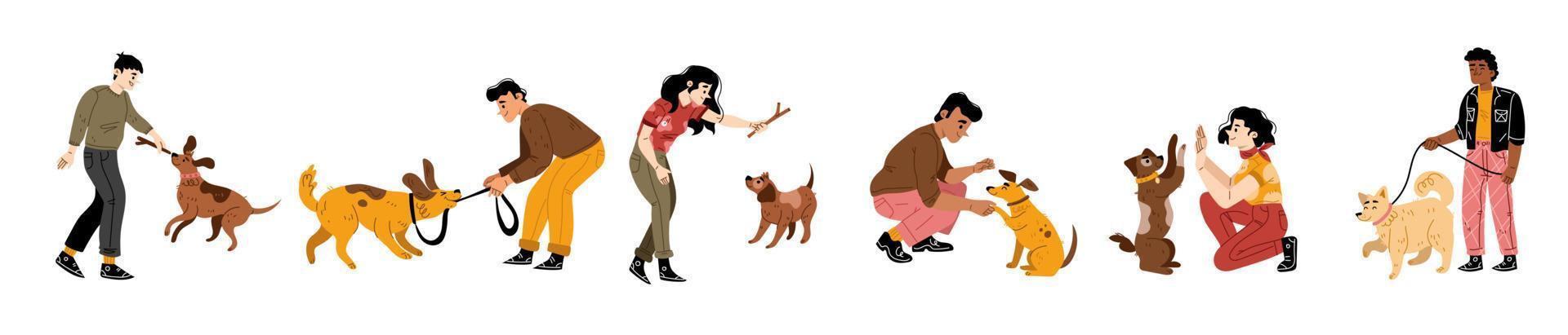 Happy people playing with dogs and smiling vector