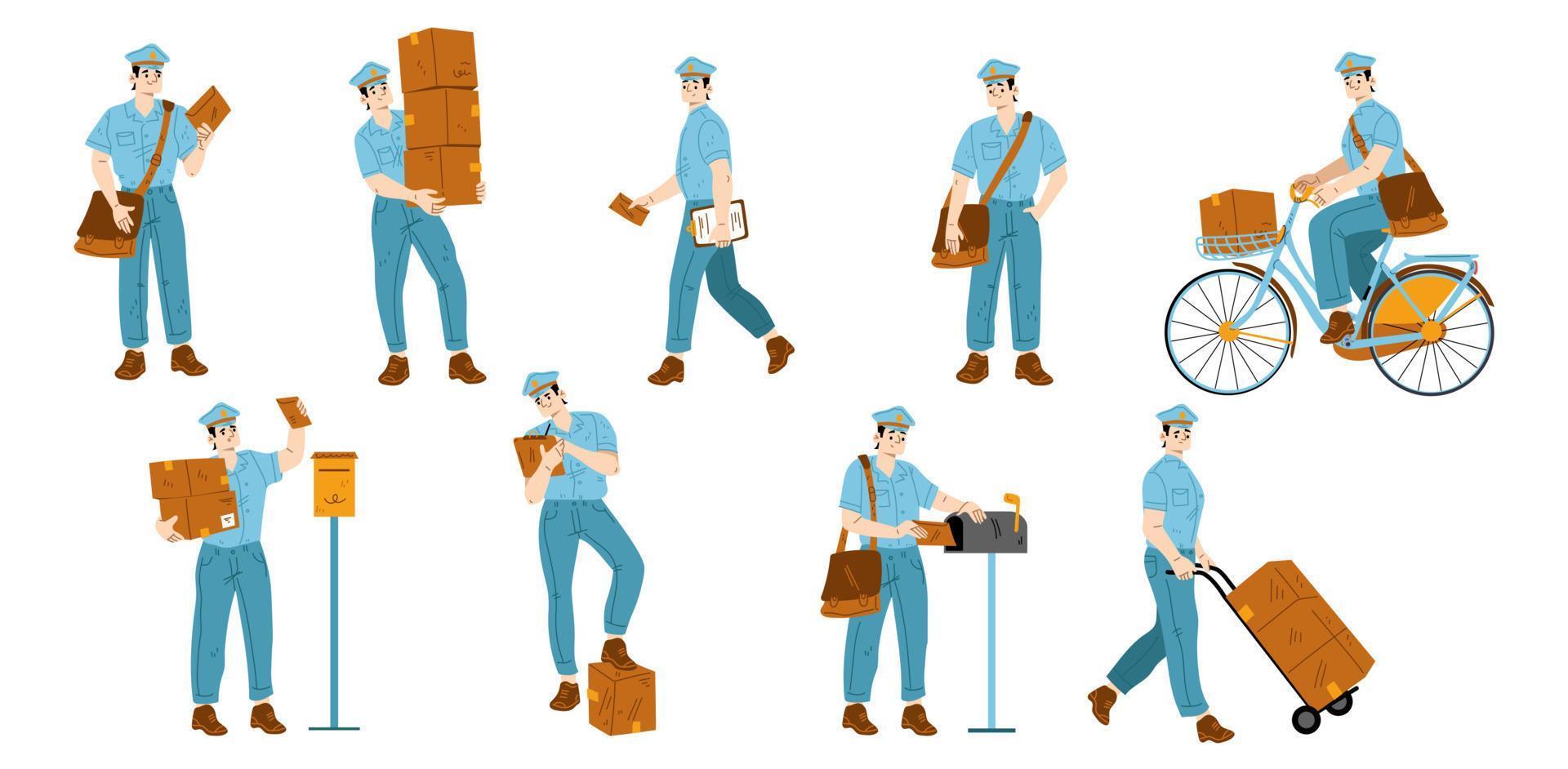 Set of postman characters delivering mail vector