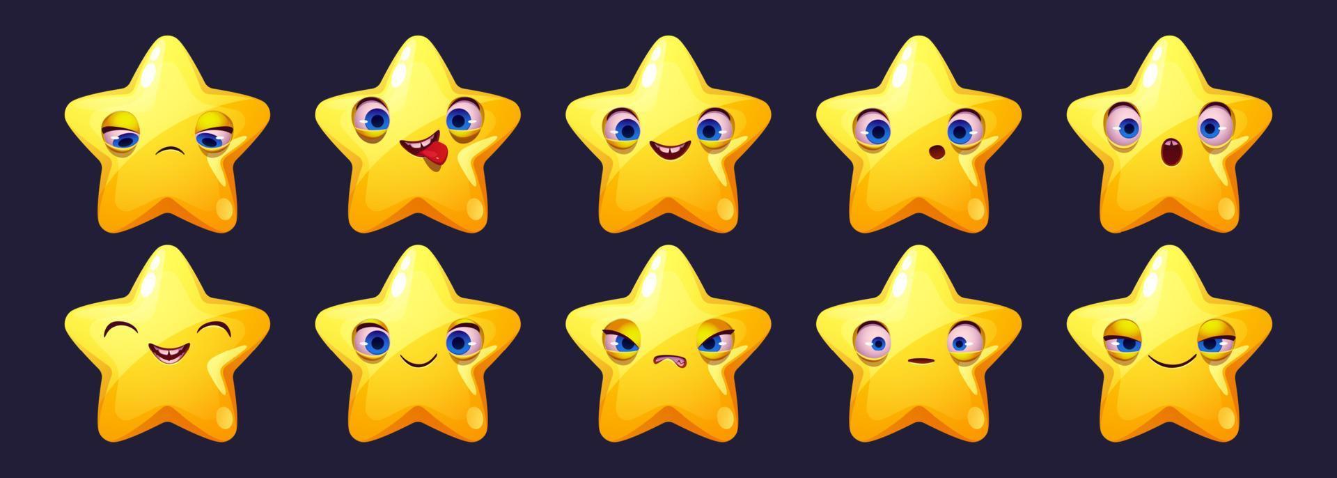 lindo personaje estrella cara emoji conjunto, iconos de dibujos animados vector