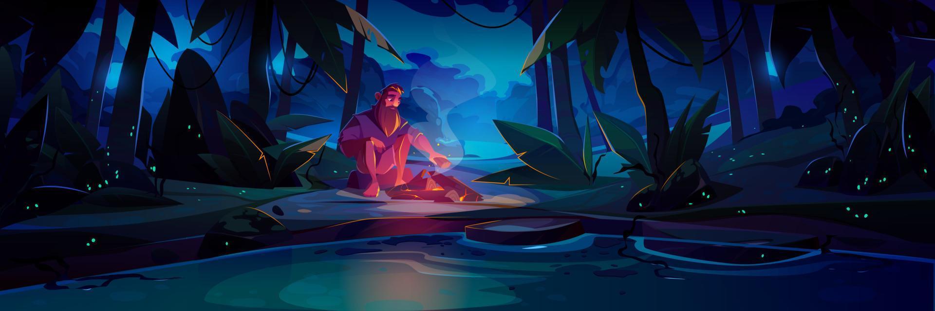 Alone lost man with campfire in jungle at night vector