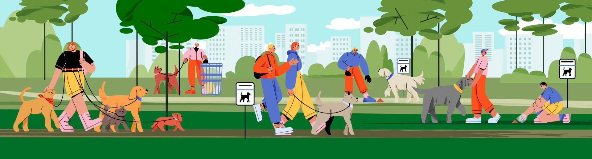 Pet owners walking with dogs in park gathering poo vector