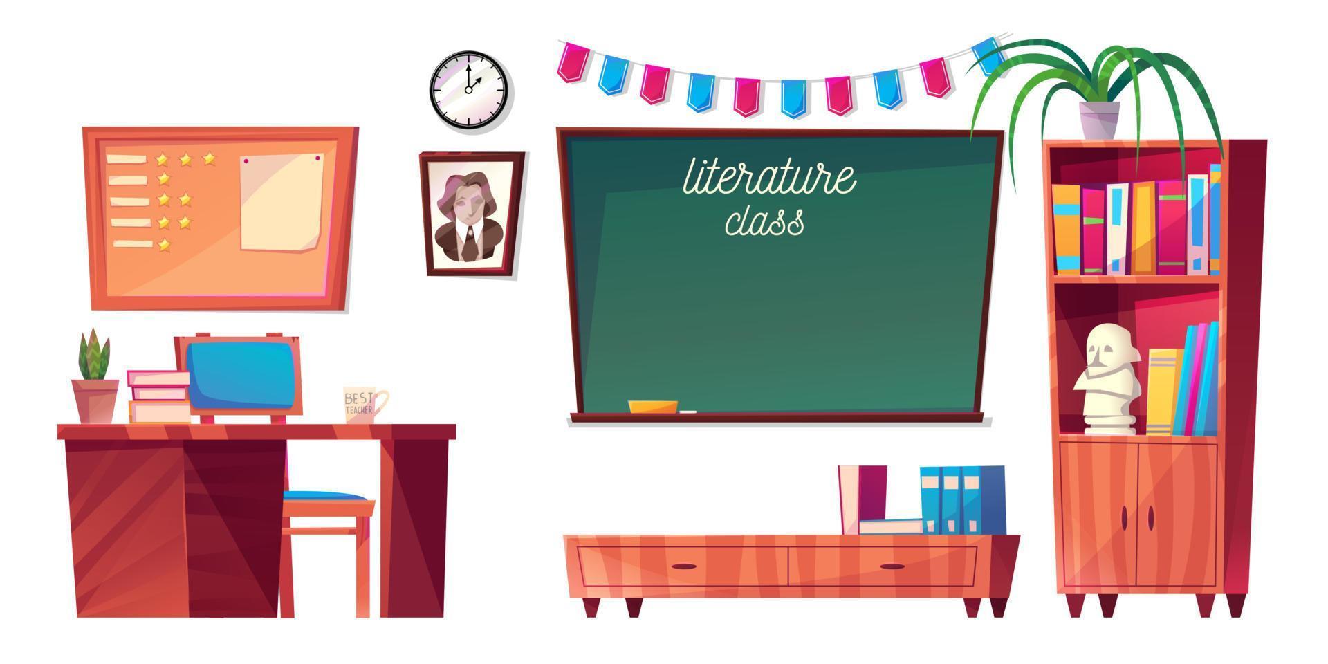 Literature classroom furniture with teachers desk vector
