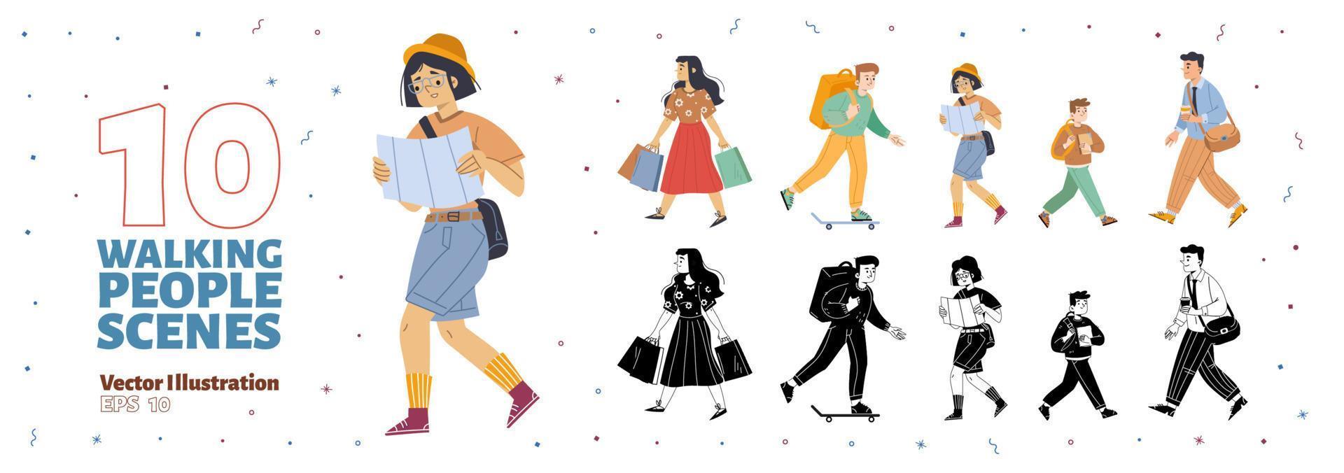 gente caminando, hombres, mujeres y niños vector