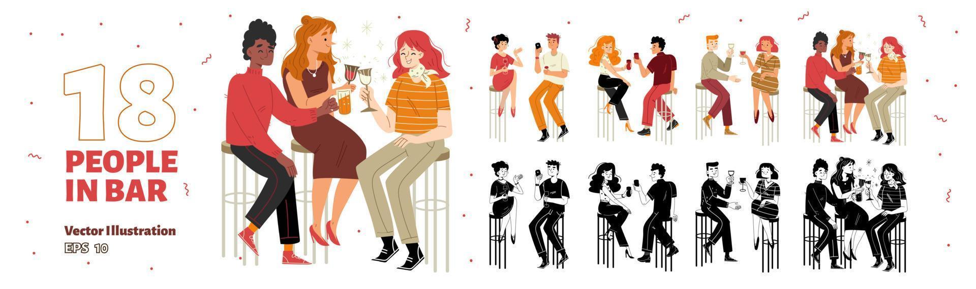 Set of happy people in bar, flat illustration vector