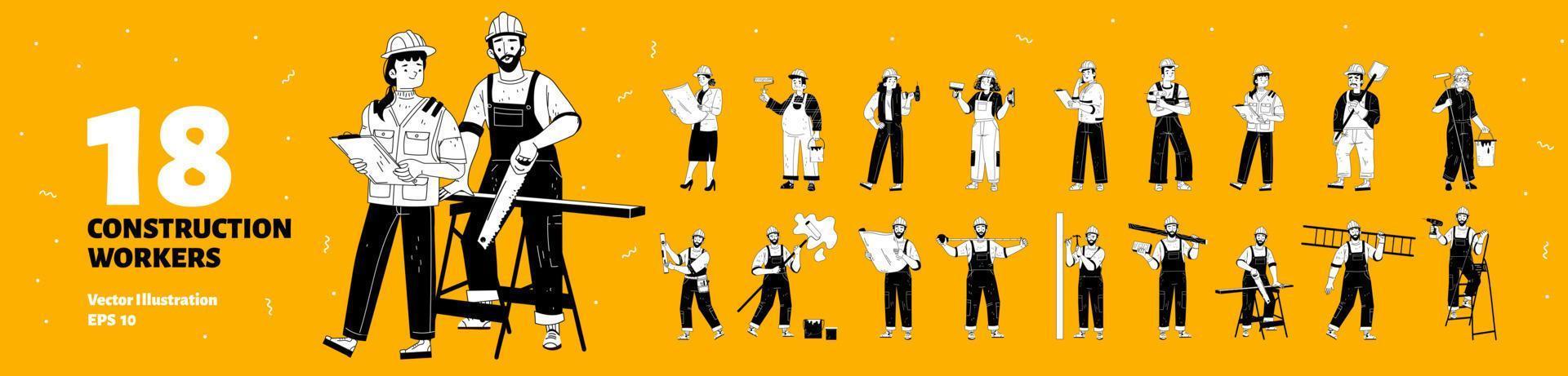 Set of 18 construction workers isolated on yellow vector