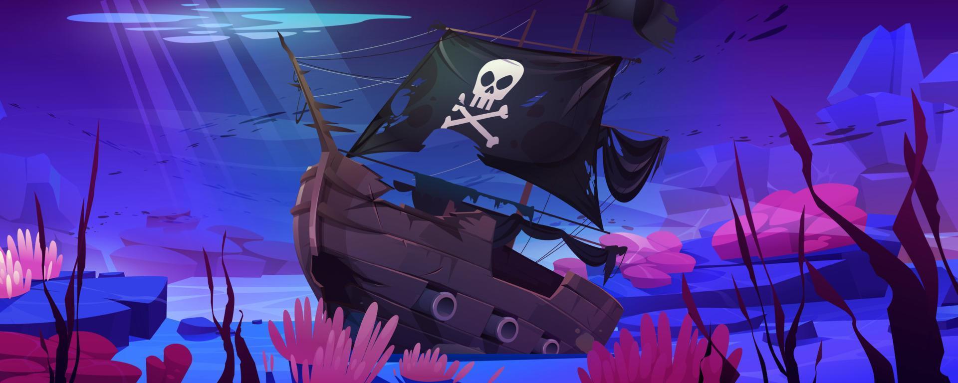 Wreck pirate ship, sunken boat with jolly roger vector