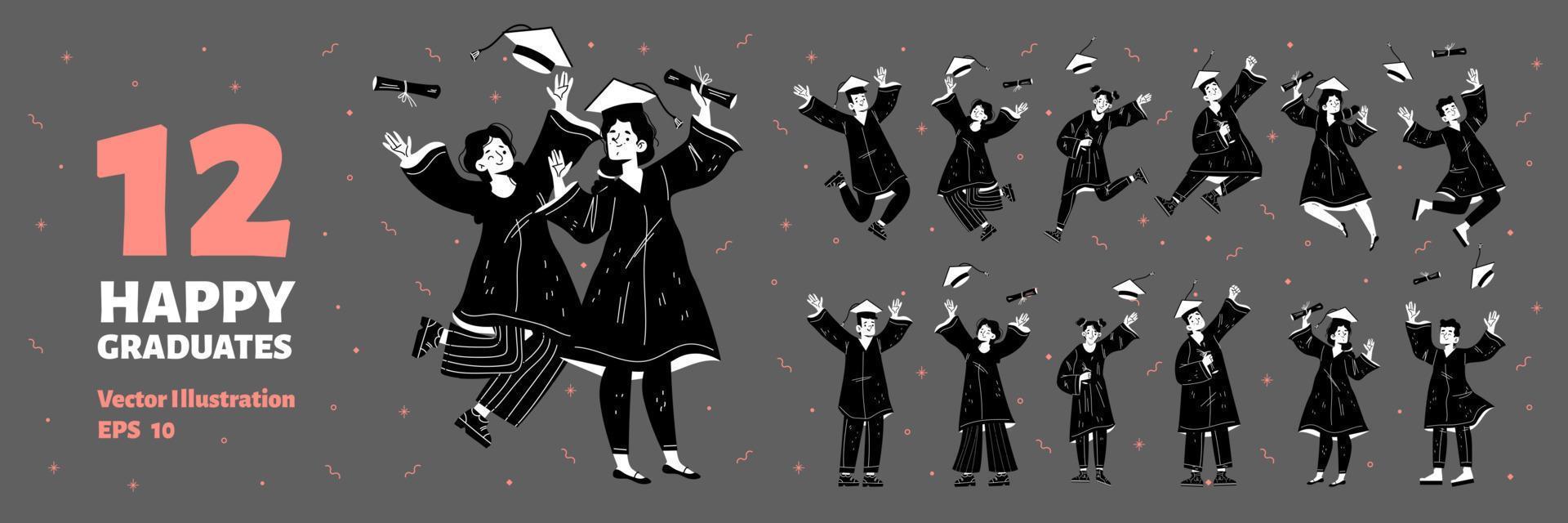 Set of happy graduate student, characters in gowns vector