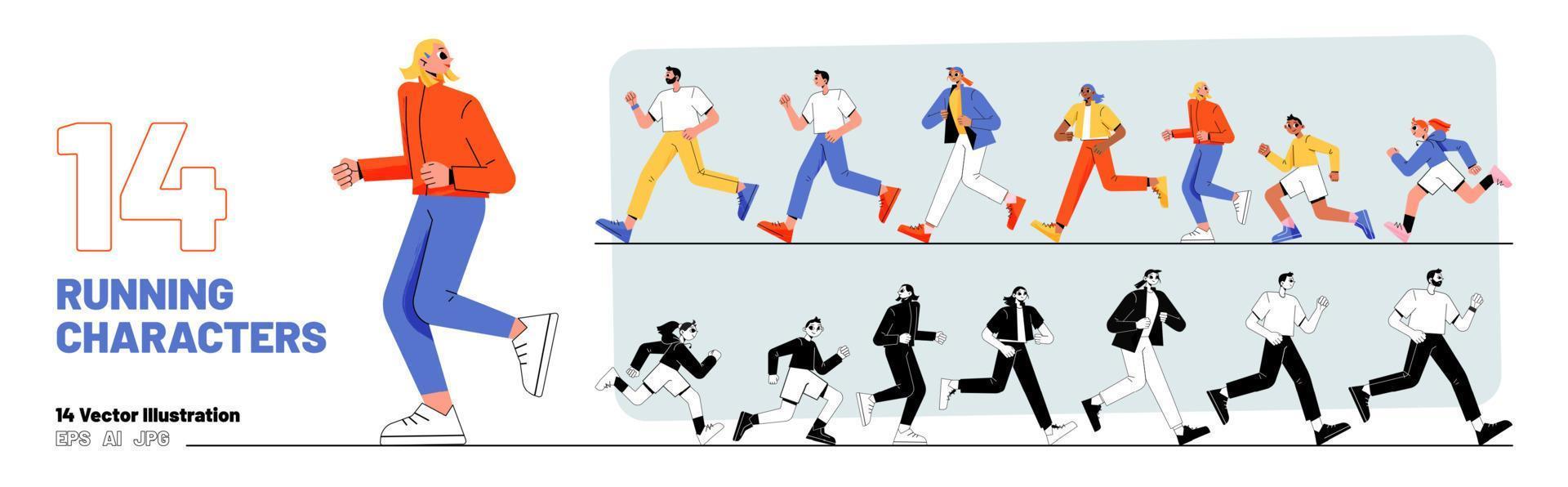 Running characters set people run in line, sport vector