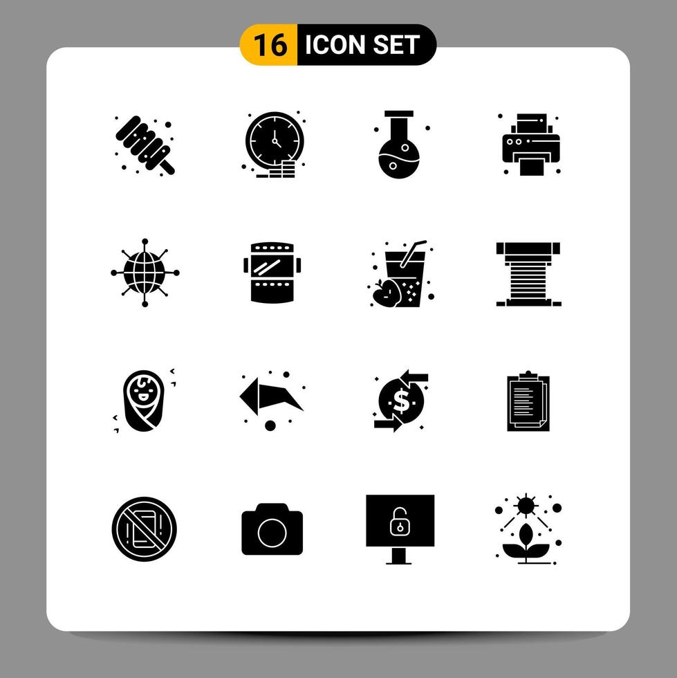 16 User Interface Solid Glyph Pack of modern Signs and Symbols of network supplies biology printer science Editable Vector Design Elements