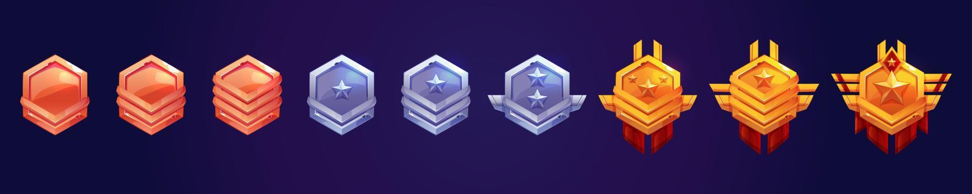 Game rank icons, level badges, hexagon tags set vector
