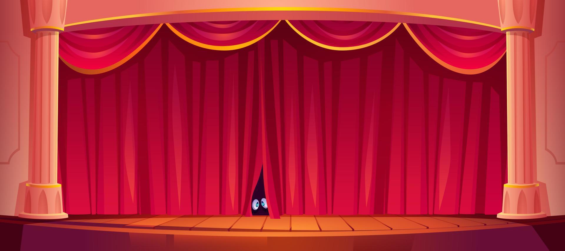 Eyes look out red curtain on theater stage, vector