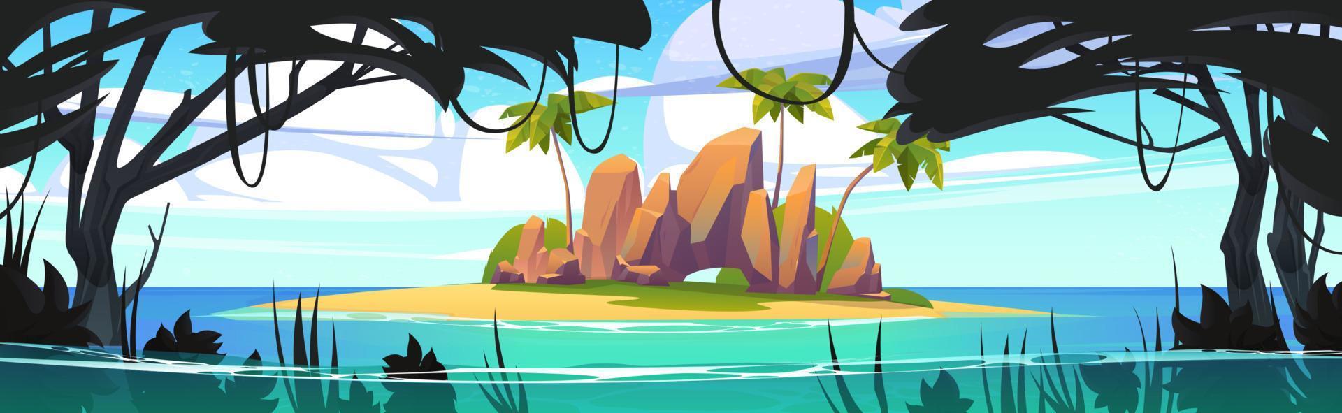 Island in ocean, uninhabited secret pirate isle vector
