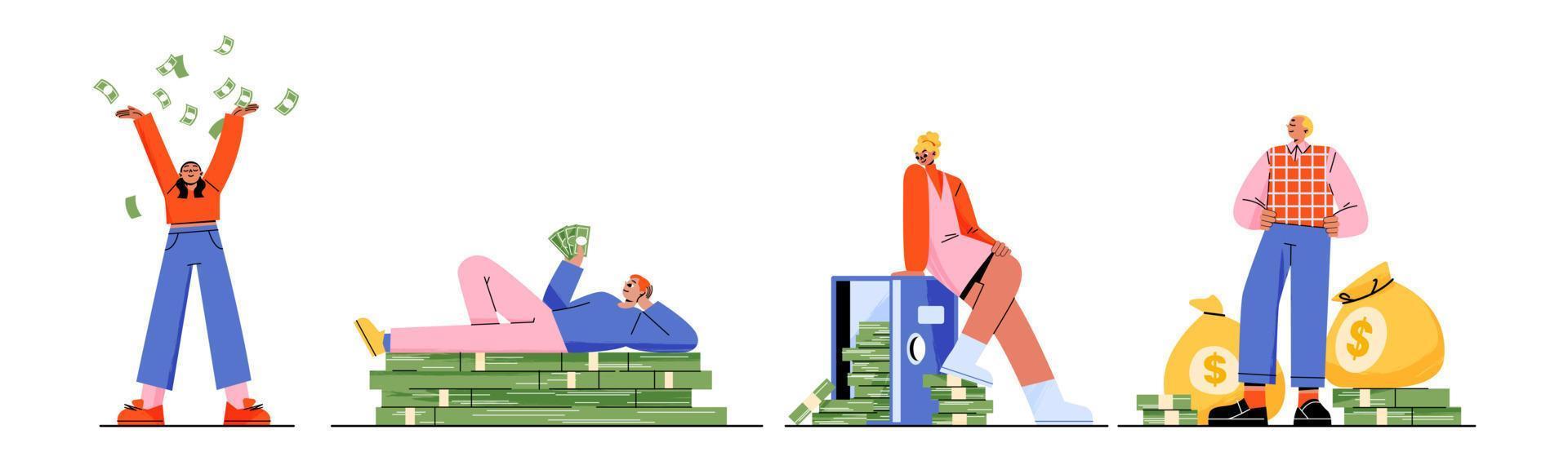 Rich people with money, happy men and women set vector