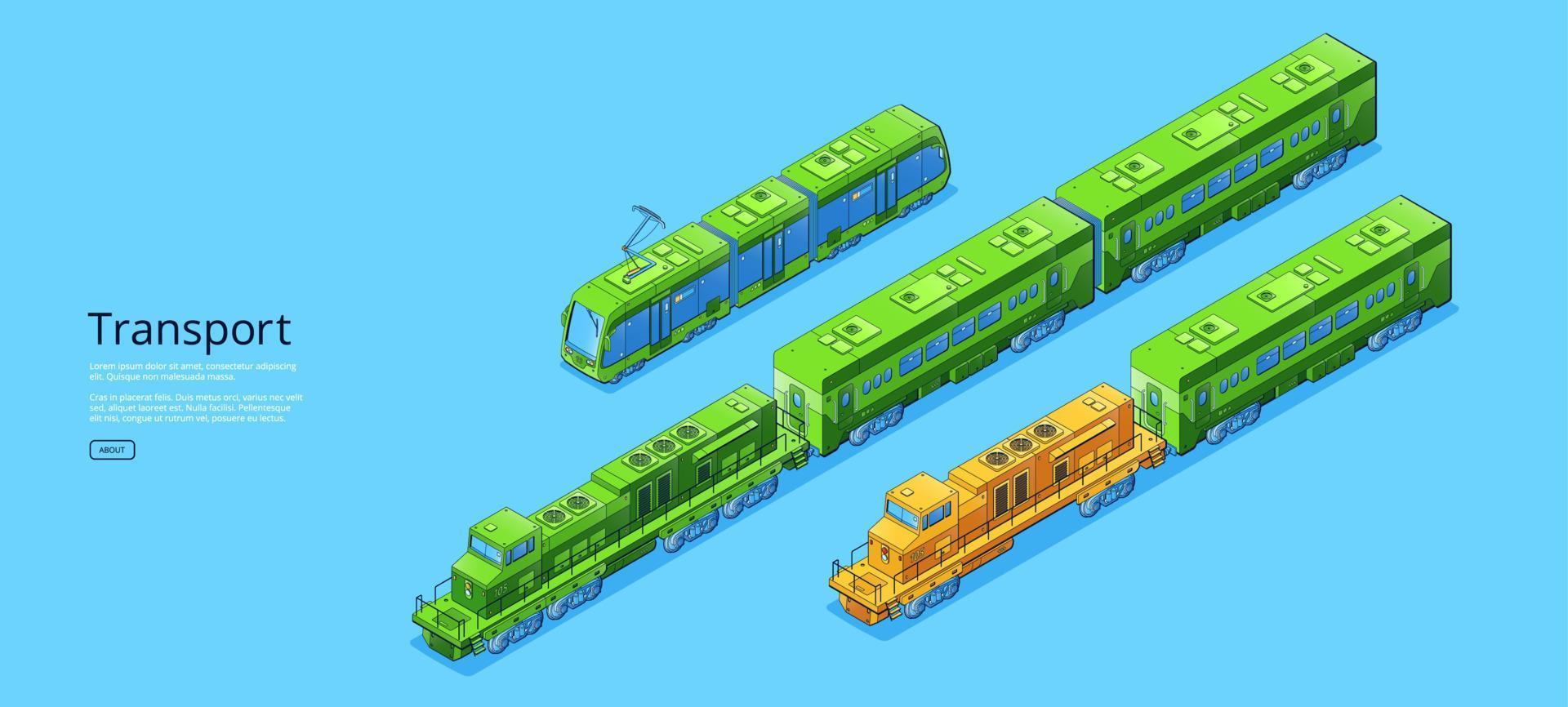 banner con transporte isométrico, tranvía y trenes vector