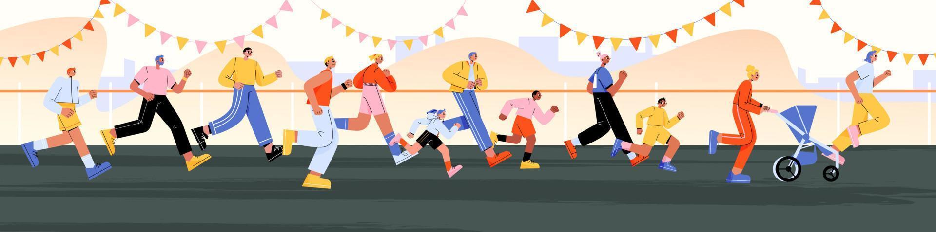 Marathon with running people, families with kids vector