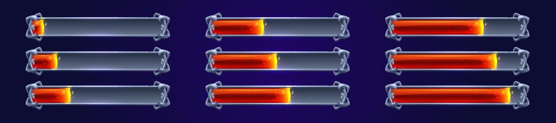 Game loading progress bars with glowing red lava vector