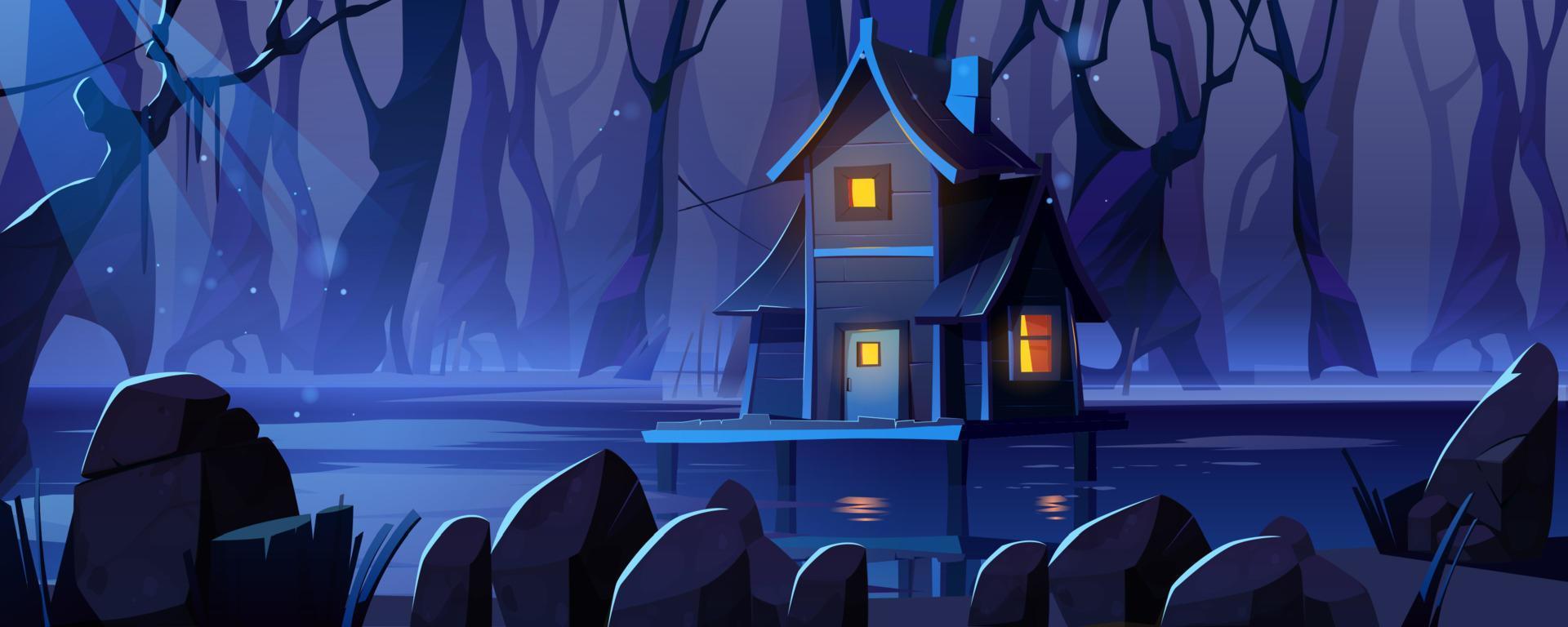 Stilt house in swamp in forest at night vector