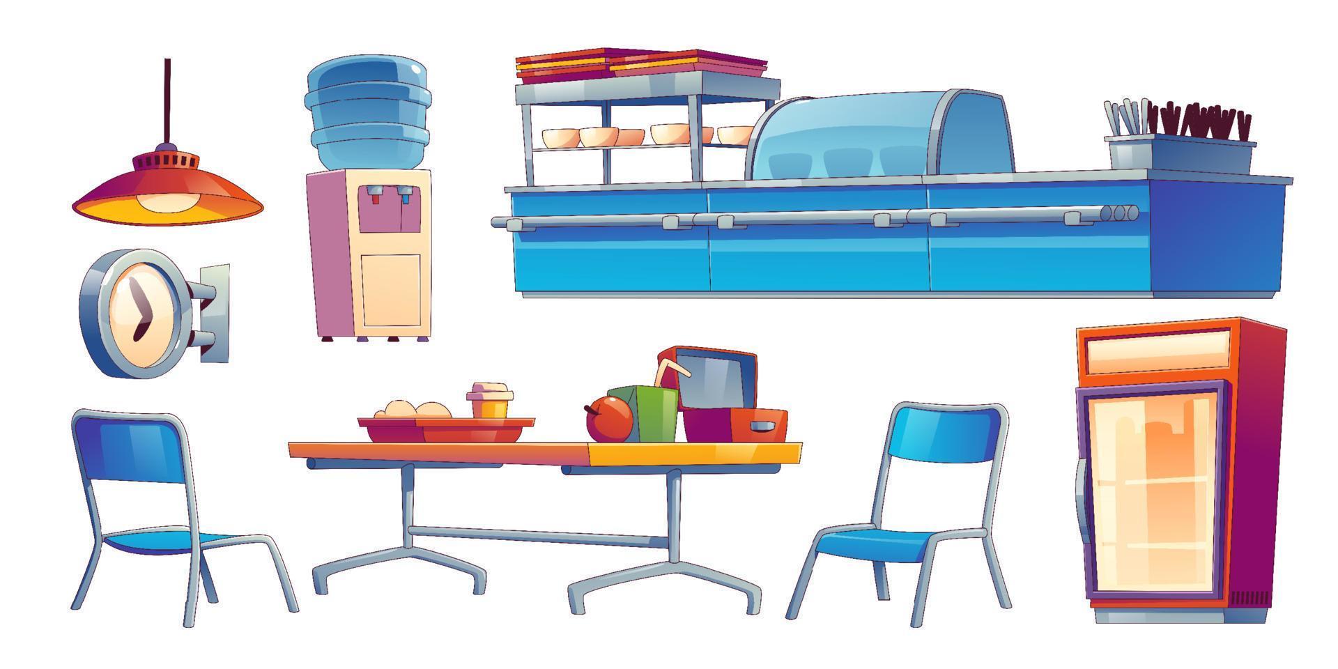 School canteen, cafeteria interior set vector