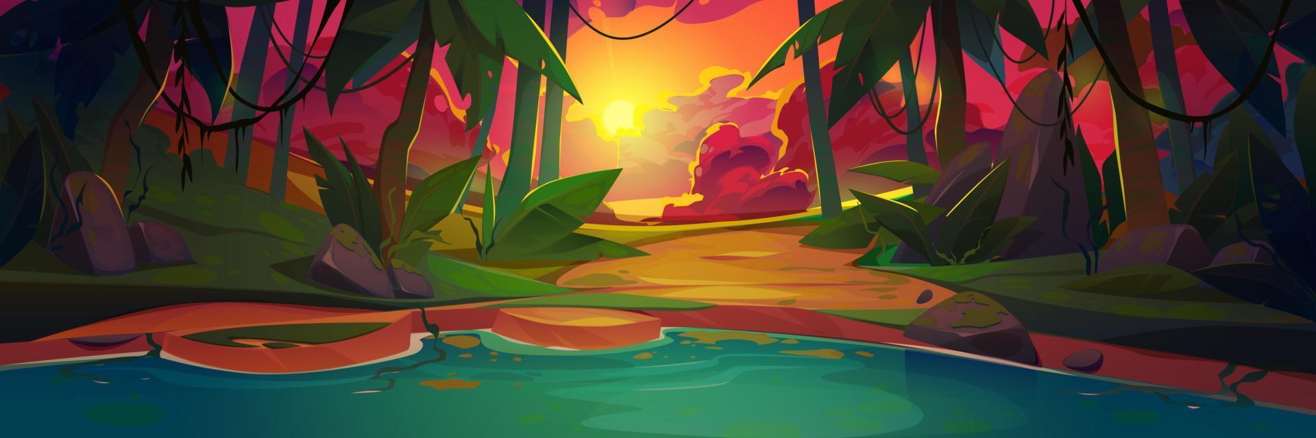 Sunset tropical jungle forest lake, dusk landscape vector