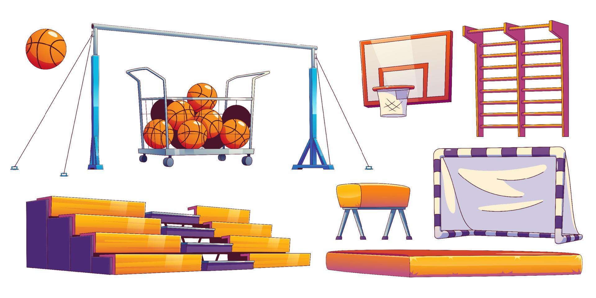 School gym, sport court equipment with balls vector