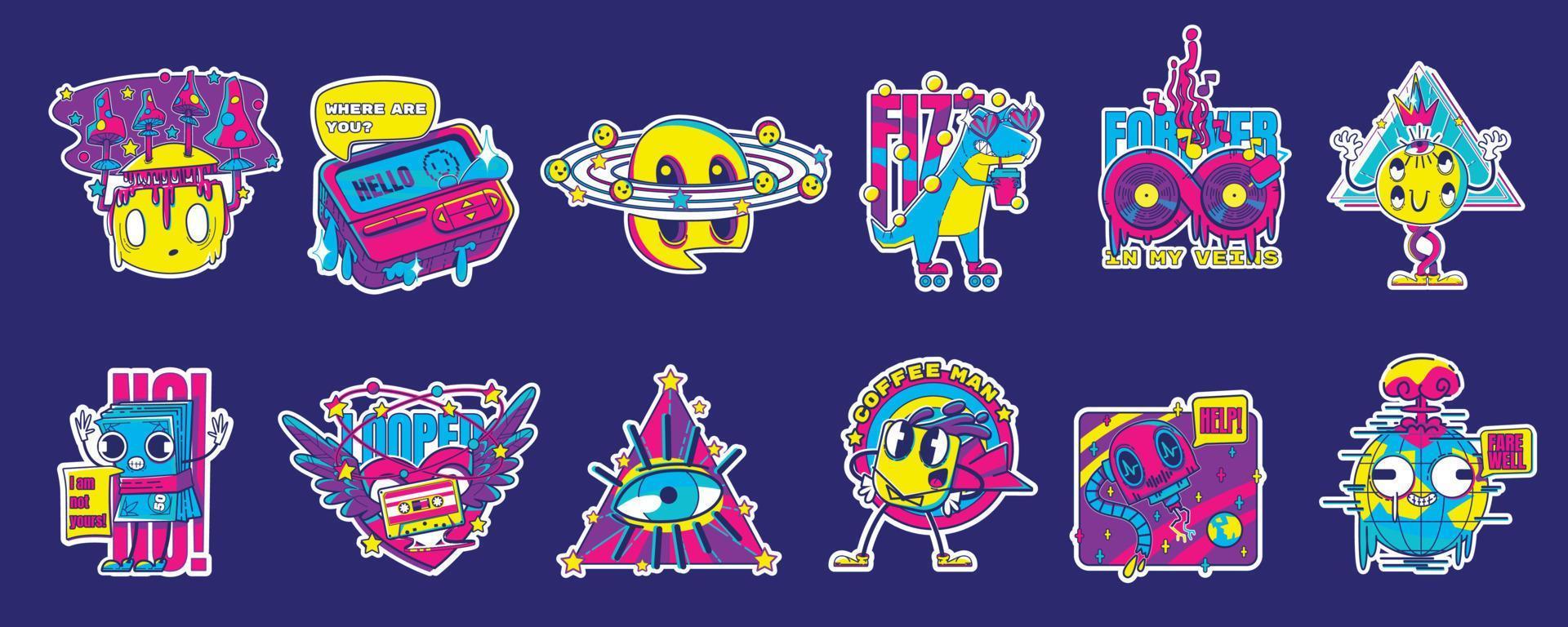 Psychedelic retro rave stickers with funny patches vector