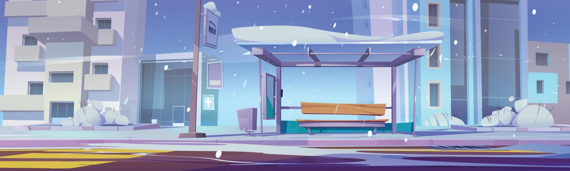 Empty bus stop in winter city, cartoon vector